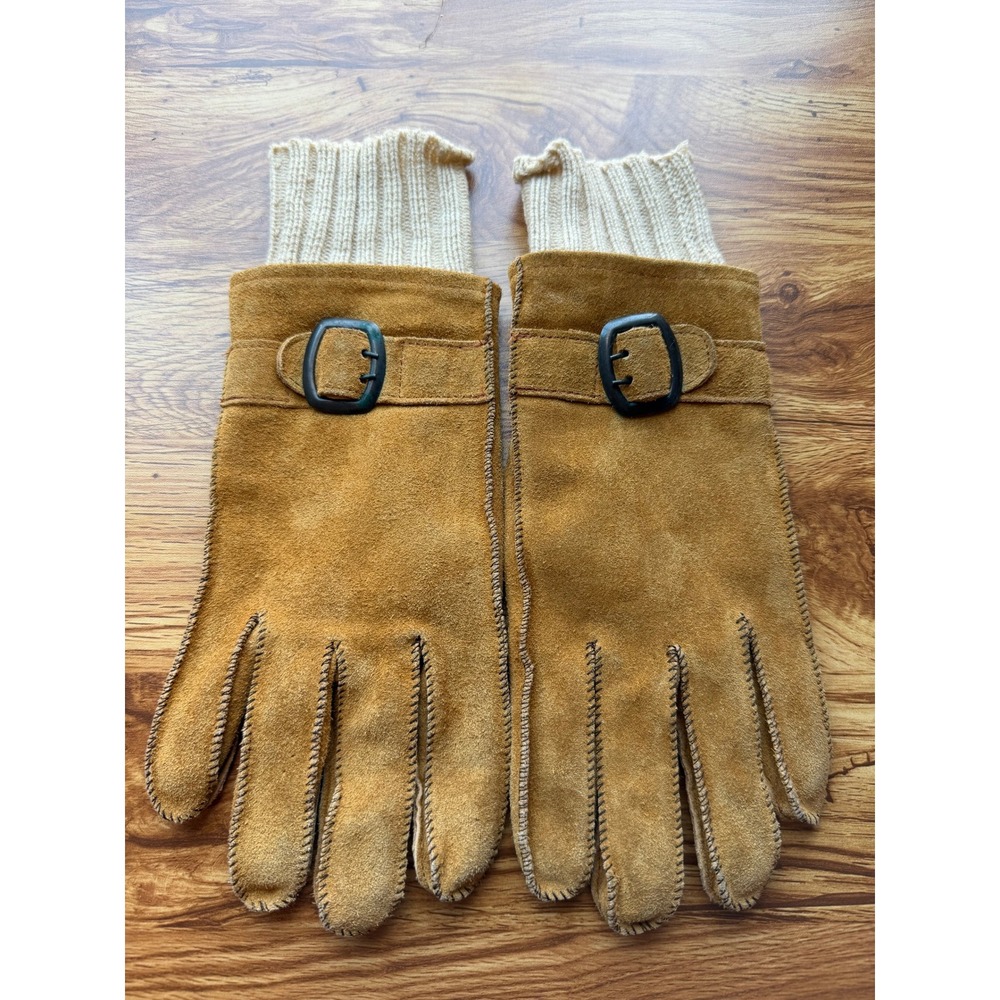 Vintage Crown Craft Tan Suede Leather Gloves Knit Cuff Buckle Strap Men's Large